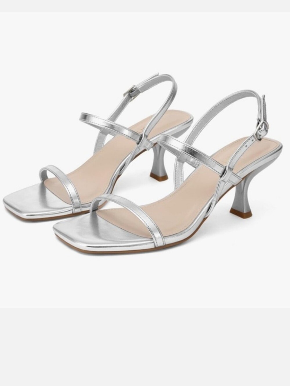 Silver Strappy Square Toe/Heel Kitten Heel Sandals - Picture 6 of 8
